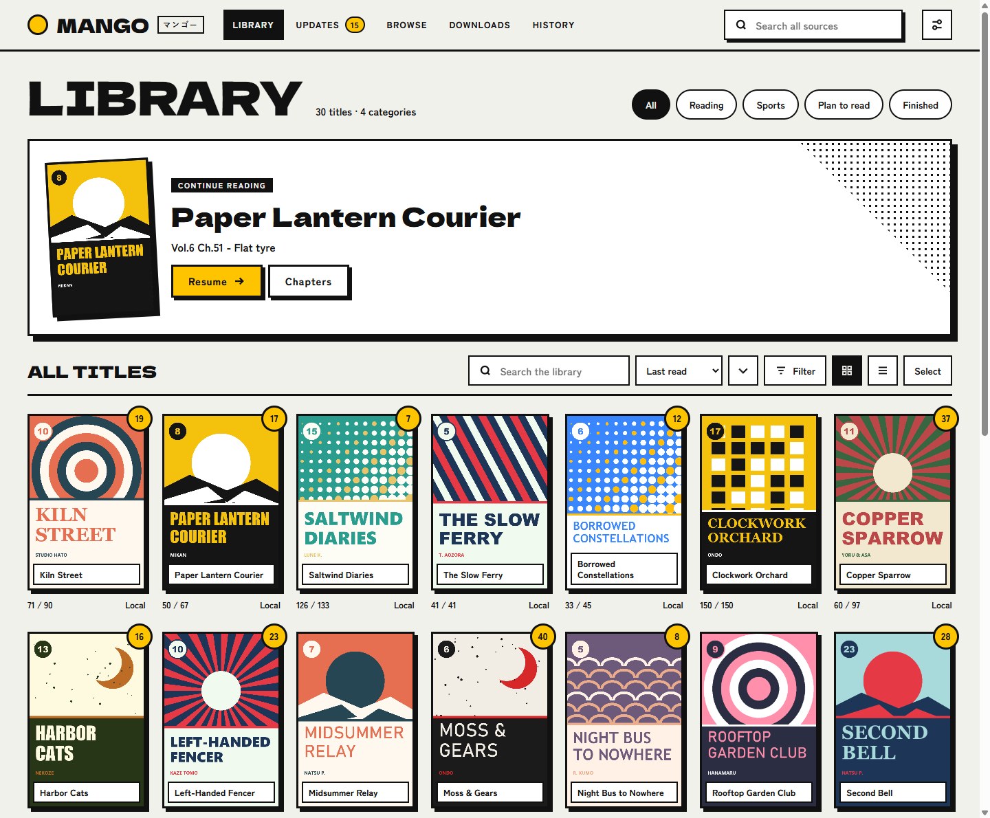 Mango's library: rows of covers under category tabs, each with the number of chapters still unread. The titles in the picture are made up.